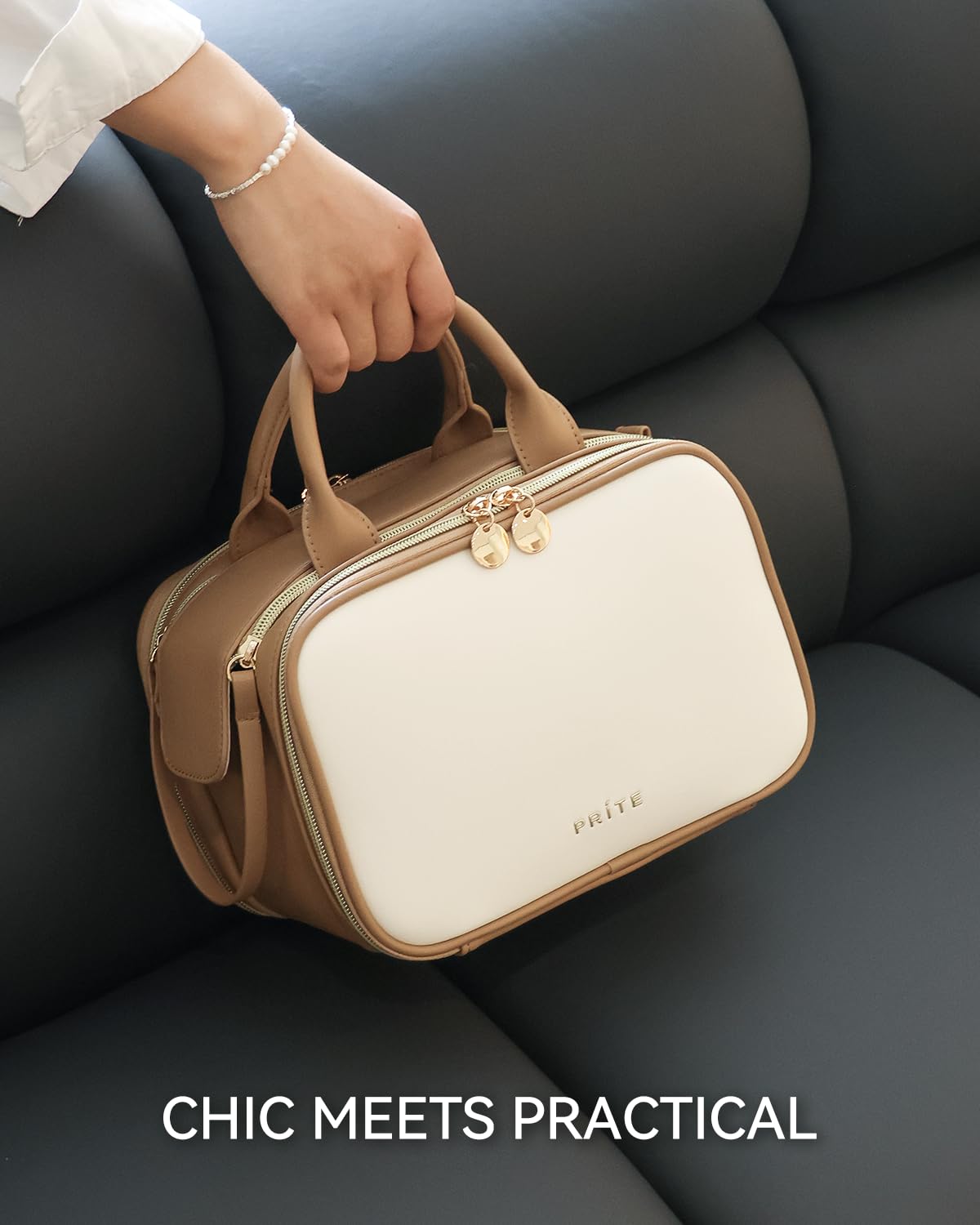 Prite Trousse de maquillage pour femme, grande capacité, étanche, trousse de toilette portable ouverte et plate avec porte-brosse autoportant et poignée, Beige-marron, Grand, Pratique/organisé