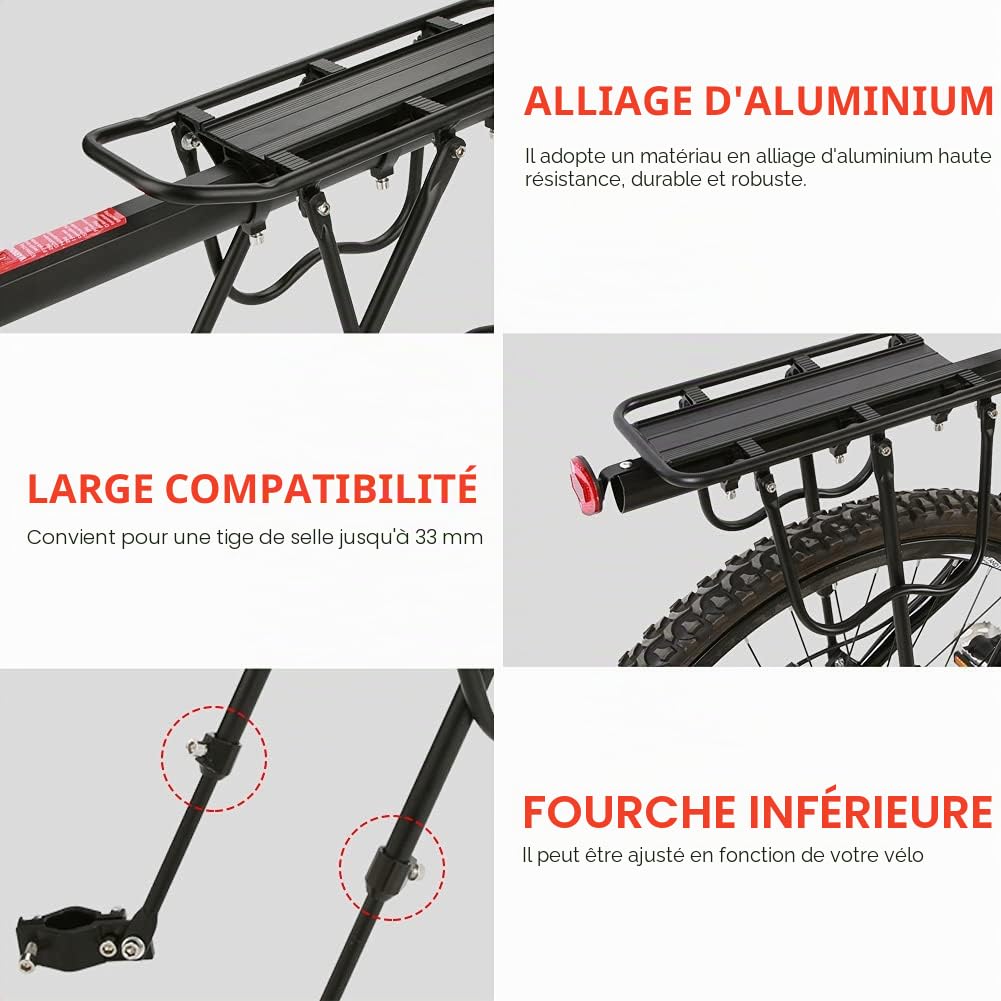 Greensen Porte-vélos arrière, Porte-vélos réglable, Porte-Bagages en Alliage d'aluminium, Porte-vélos de Tourisme, Accessoire de Cyclisme pour Porte-vélos, Capacité de 25 kg, Noir