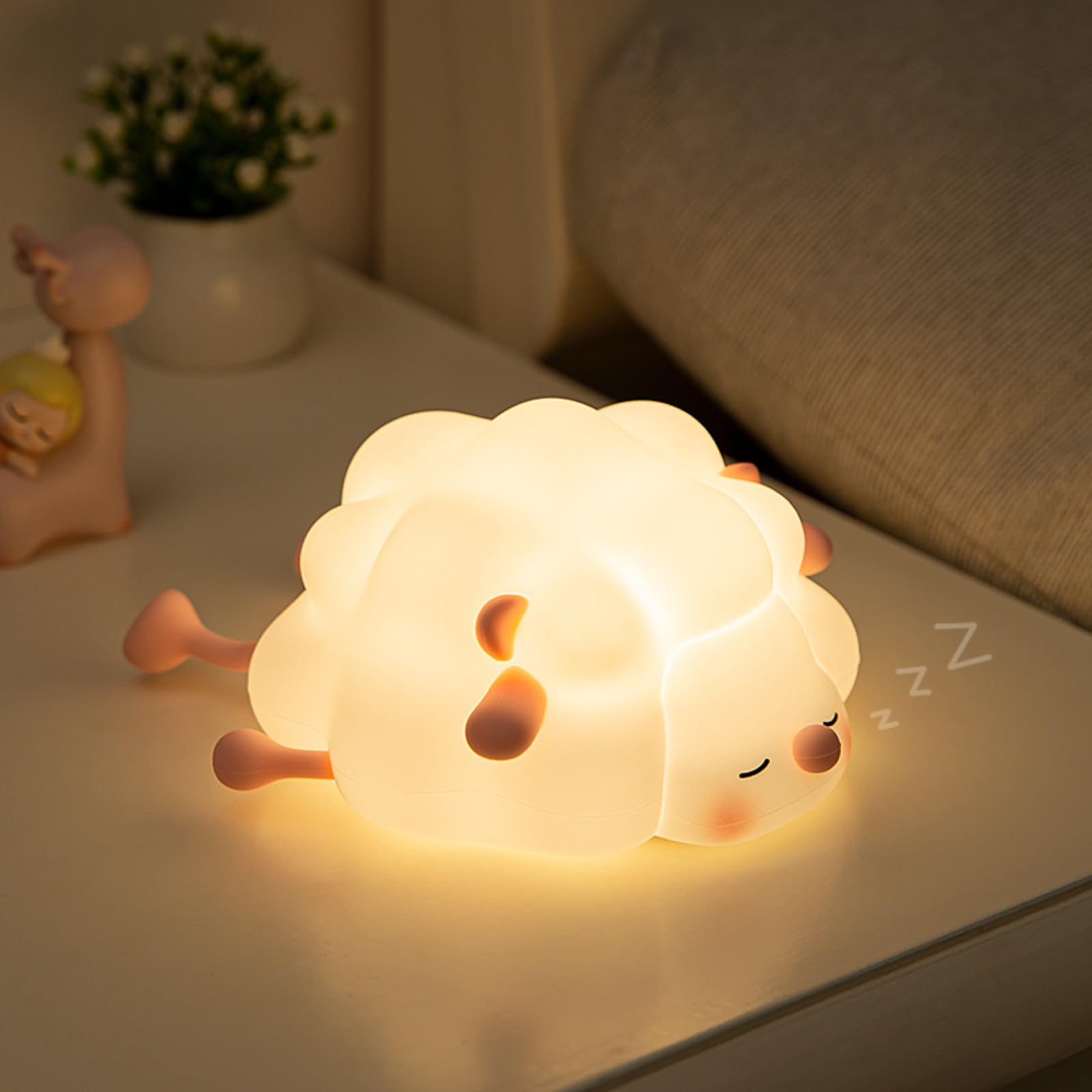 Linda luz nocturna de ovejas para niños, inducción, luz de tiempo apagado, soporte para teléfono, luz nocturna de silicona suave para guardería de bebé (rosa)