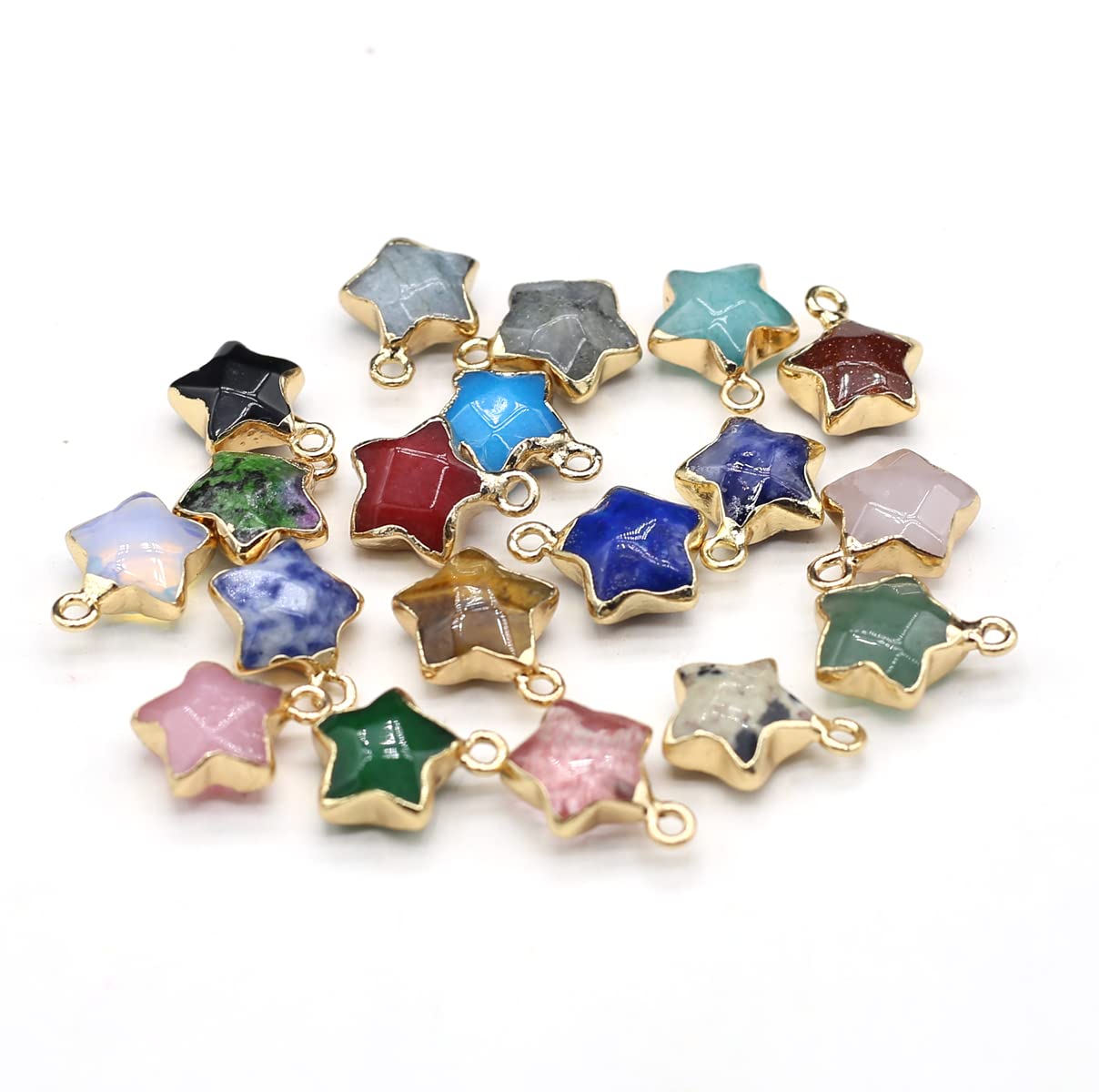 LHJ 8 Pcs Natural Stone Pendants Faceted Pentagram Shape Random Energy Healing Crystal Charms for Jewelry Making Necklace Bracelet Women Gift
