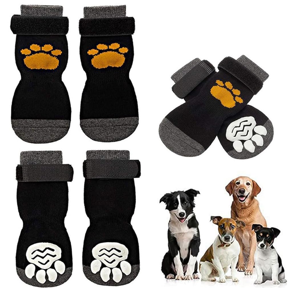 4 Pcs Anti-Slip Dog Socks,Pet Paw Protector,Dog Boots Claw Socks Shoes Slippers with Adjustable Strap for Puppy Indoor Outdoor Hardwood Floor Walking (M)