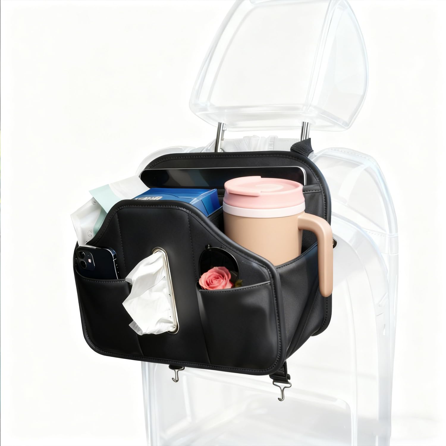 Multifunctional Car Tissue Holder Back Seat Organizer with Cup Holder PU Leather Car Headrest Seat Back Storage Snack