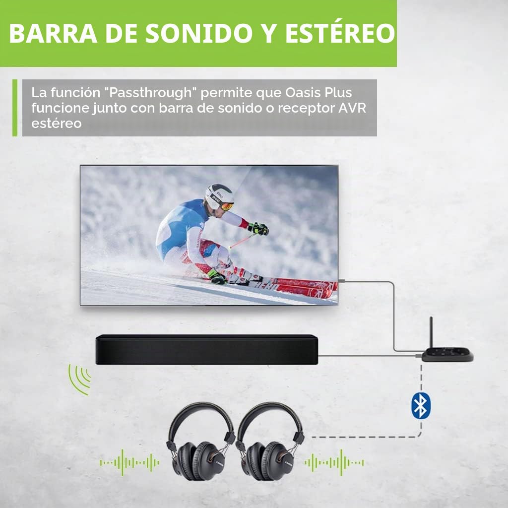 Avantree Oasis Plus aptX HD Bluetooth 5.0 Receptor Transmisor para TV, Modo Bypass, Clase 1 Largo Alcance, Guía Voz, Pantalla Táctil, Emisor, Adaptador Audio Baja Latencia aptX para 2 Auriculares