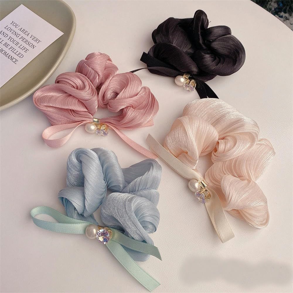 Haargummis, Satin-Haargummis, Seiden-Haargummis, Haarringe für Zöpfe, 4 Stück, Haargummi, Haargummi, Damen, Rosa, Blume, Perlen, hoher Pferdeschwanz
