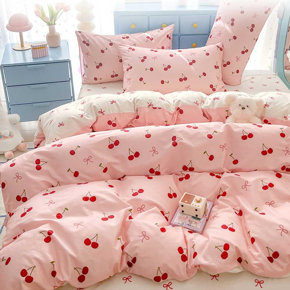 Covebett Pink Single Duvet Cover Sets Red Cherry Bows Pattern Microfiber Reversible Bedding Set 2pcs Cute Aesthetic for Teen Girls Quilt Cover 135x200 with Zipper Closure and 1 Pillowcase 50x75 cm โ image 1