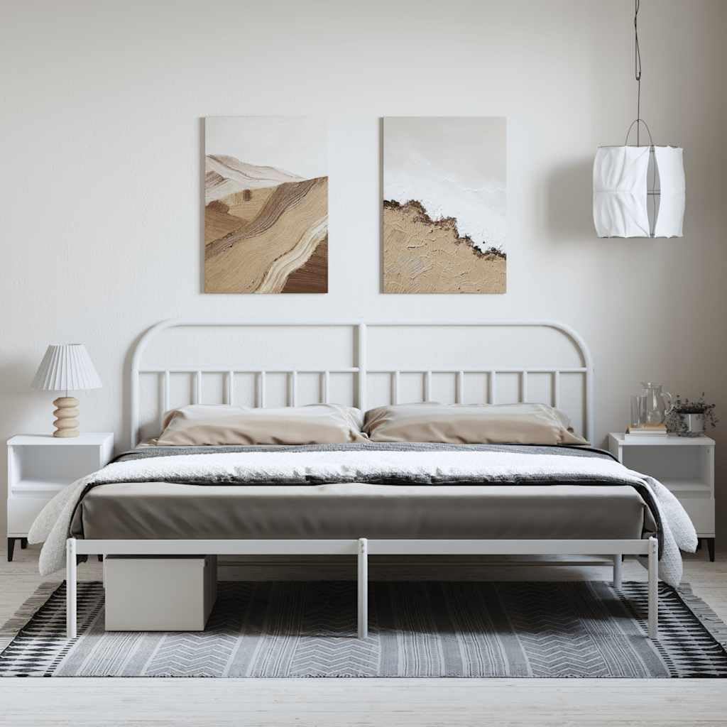 White Powder-Coated Steel Bed Frame with Headboard 76 x 80 in Platform Foundation for Bedroom, Durable Sturdy Nonslip Industrial Minimalist Furniture with Storage