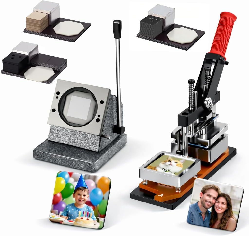 YOFSZJ 3-in-1 2.5x2.5 Inch Magnet Fridge Magnet Maker Press Kit, Square Photo Refrigerator Magnet Machine with Paper Cutter, Cardboard, Acrylic & Acrylic Pin Compatible, 300 Sets