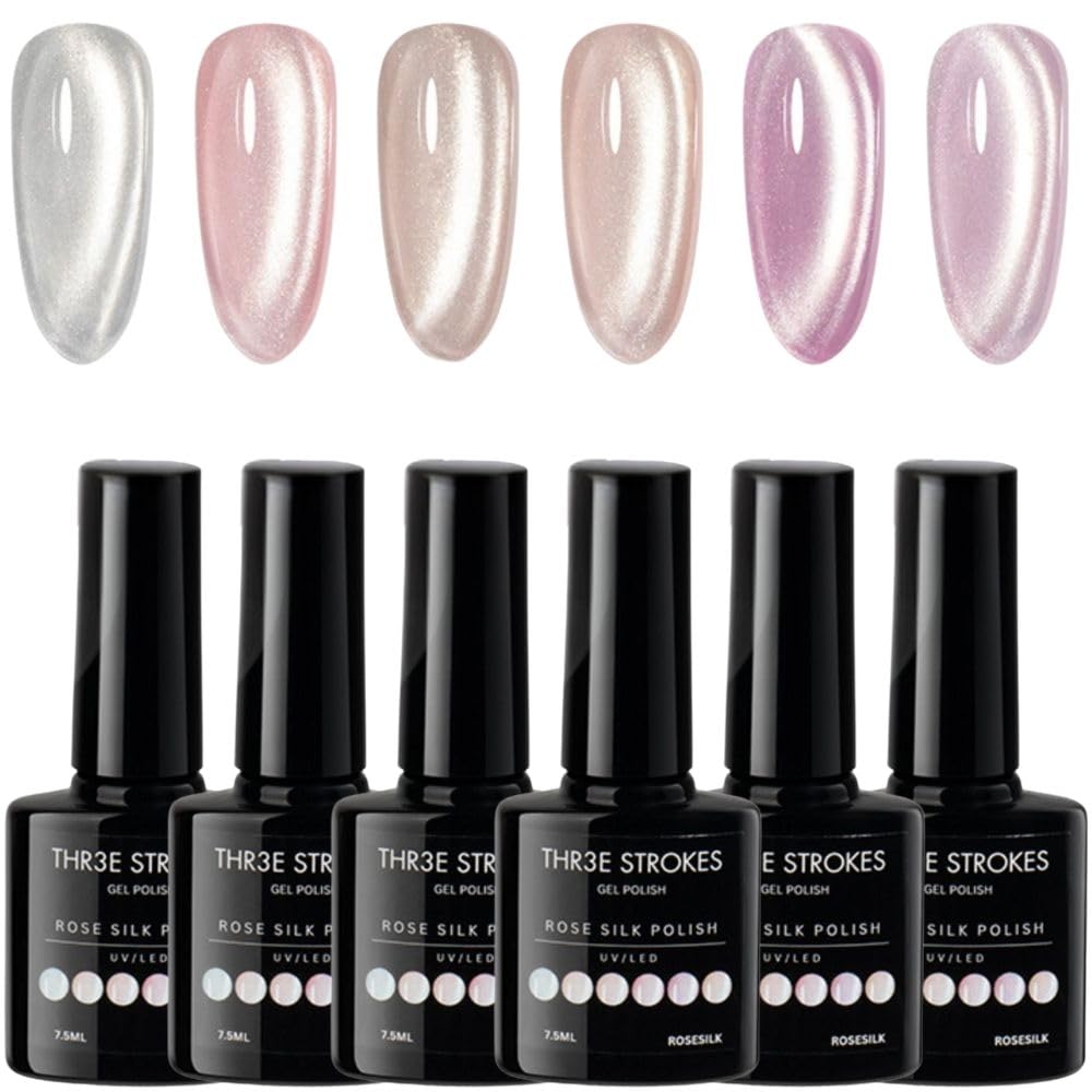 STROKES Cat Eye Gel Nail Polish Set for Pink Brown Glitter Holographic Cat Eye, Salon Gel Manicure and Nail Art DIY at Home, Bright Moonlight (ROSE SILK)-image-10