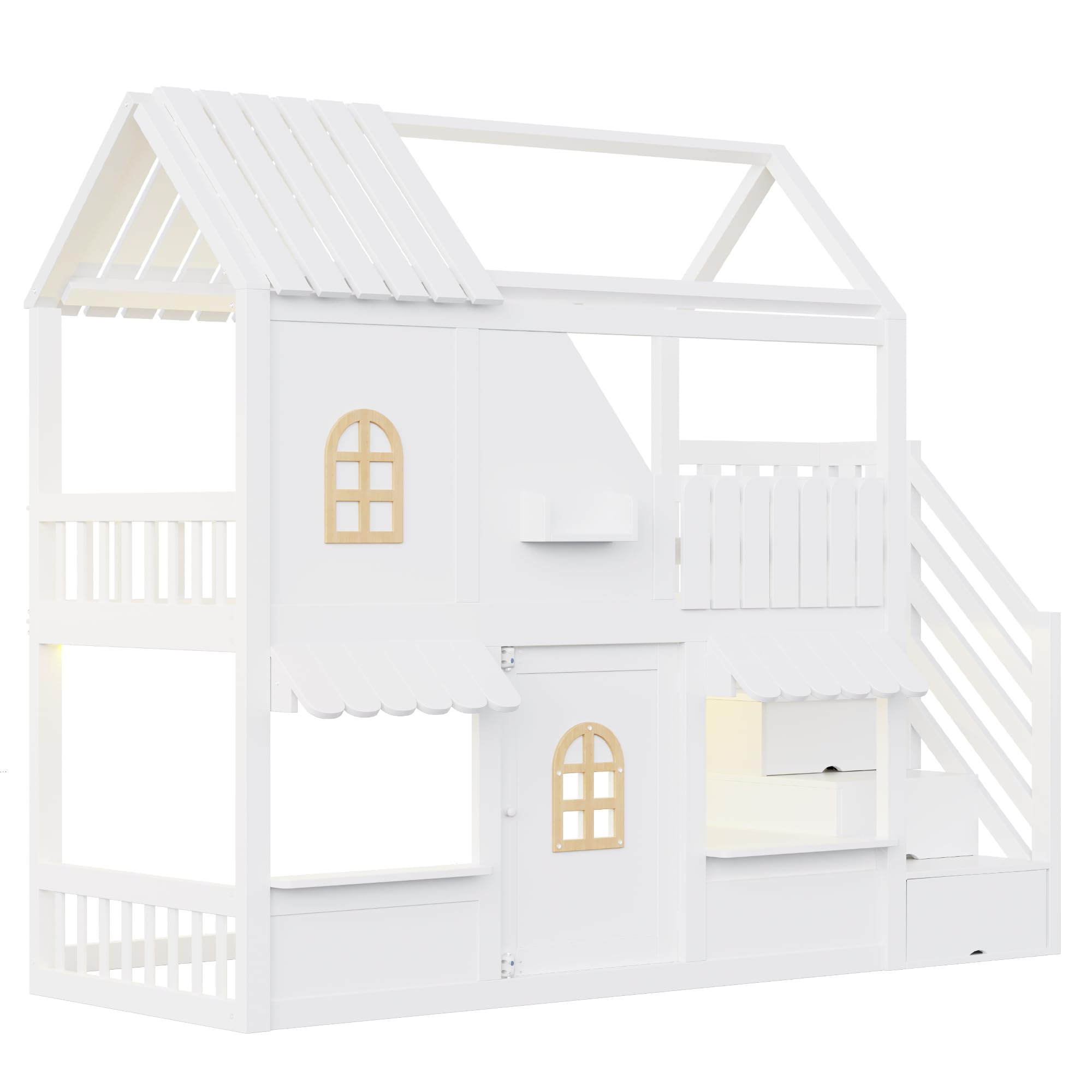 Litera infantil de 90 x 200 cm, color blanco, diseño en forma de casa con ventanas, techo, barandilla y puerta, escalera de almacenamiento y estantes, sin colchón