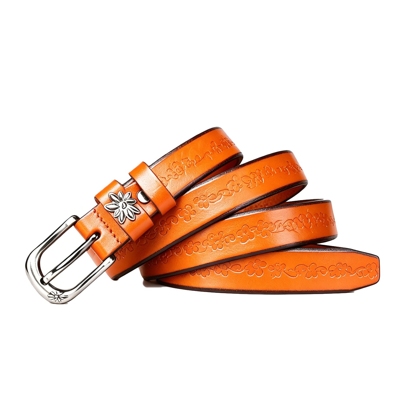 JIARY Womens Genuine Leather Belt, Floral Embossed Casual Belt,Vintage Decorative Fashion Belt for Jeans,Orange,105CM/41.3''