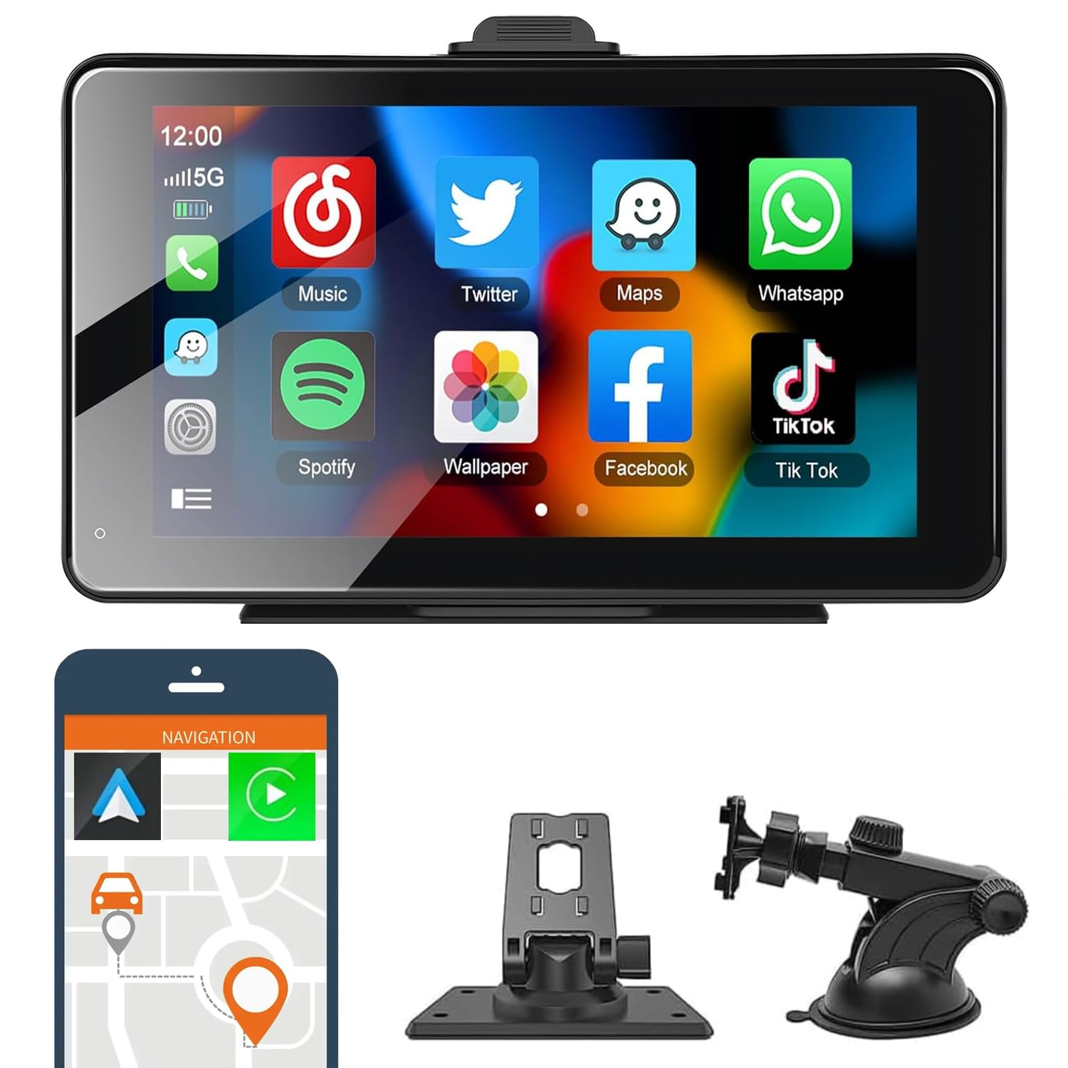 Wireless Carplay & Android Auto Portable Car Stereo, 7-inch IPS Touchscreen Airplay, MirrorCast, Bluetooth Hands-Free Call, AUX/FM Transmitter GPS/Siri TF Card for All Car Models