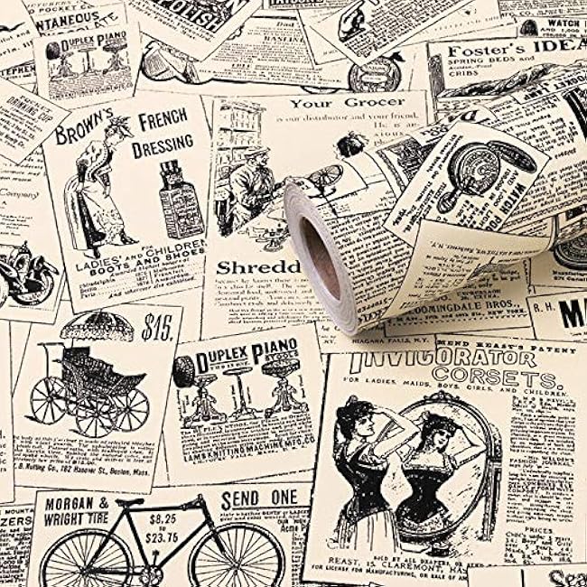 Self-Adhesive Vintage Newspapaer Wall Paper Drawer Shelf Liner for Kitchen Bathroom Cabinets Dresser Wall Crafts 17.7x117 Inches