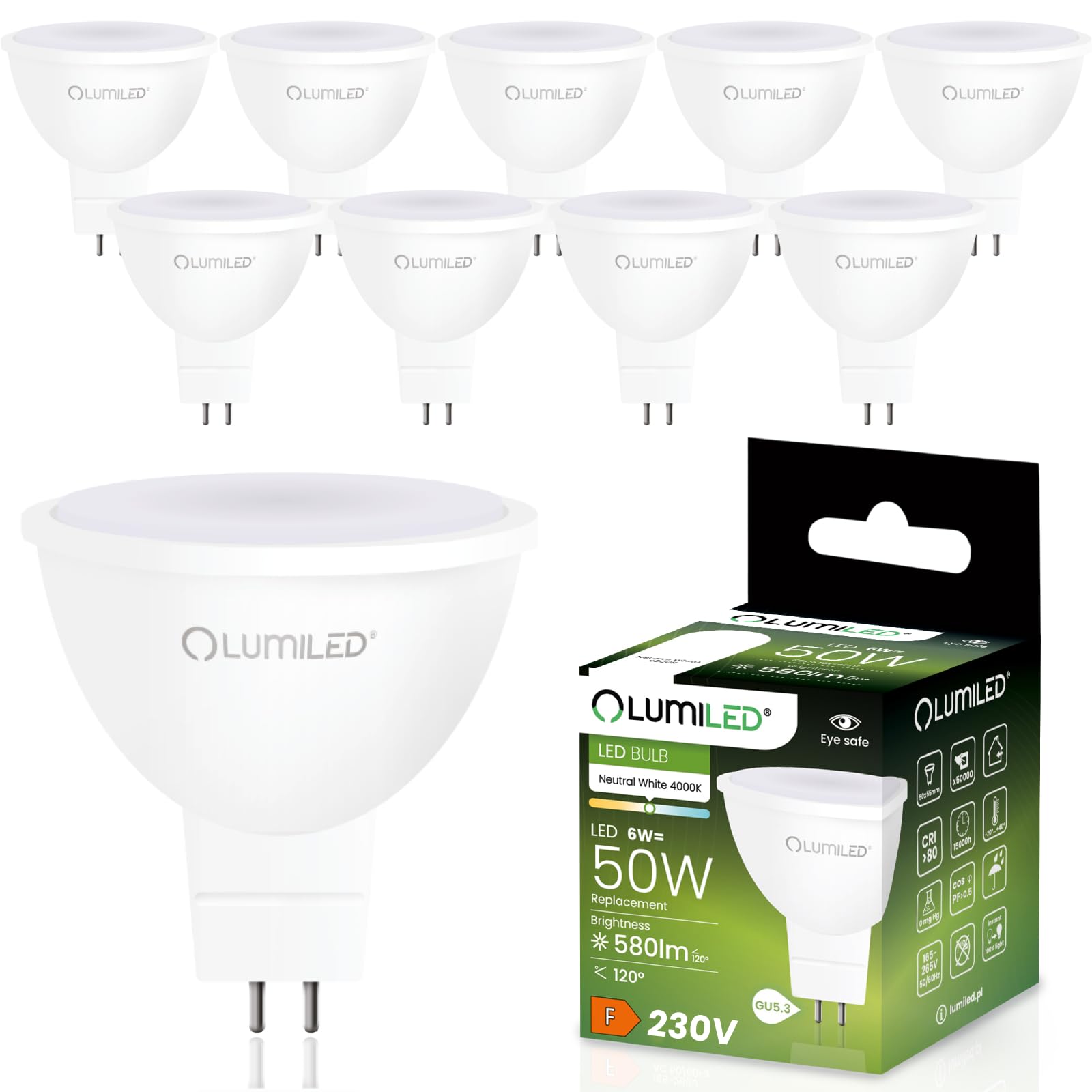 Lumiled 230V AC GU5.3 LED Lampen Leuchtmittel Spot 10 Stück Set, MR16 6W (entspricht 50W Glühlampe) 4000K Neutralweiß 580 Lumen 120° Abstrahlwinkel Spots Glühbirne