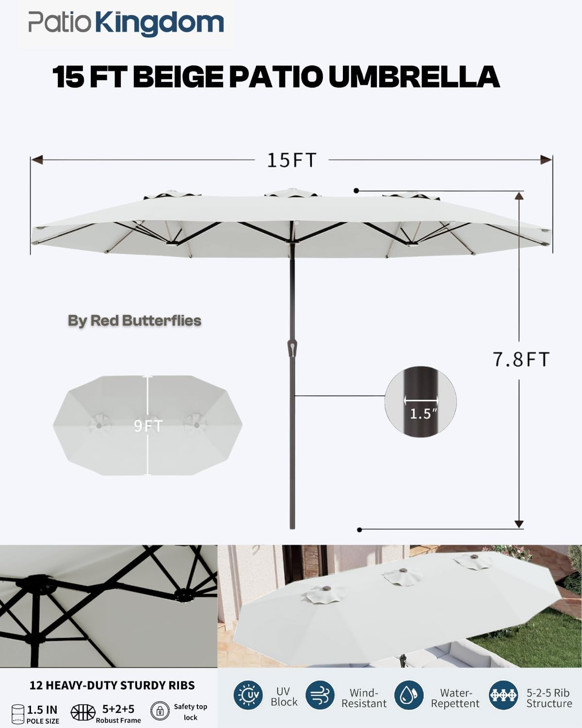 9-Piece White Outdoor Dining Set with White 15FT Large Patio Umbrella, 75.2'' HDPE Table & Chairs for 8, Weather-Resistant Furniture with Umbrella Hole for Patio, Lawn, Poolside