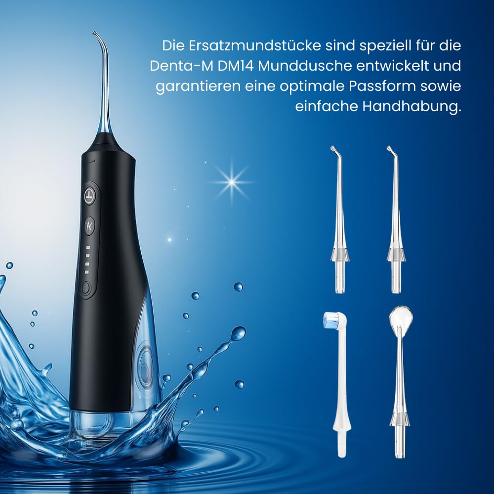 Munddusche Set mit 4 Ersatzdüsen – DM14 Water Flosser – Kabellose Zahndusche mit 4 Modi, 310 ml Tank, IPX7 wasserdicht