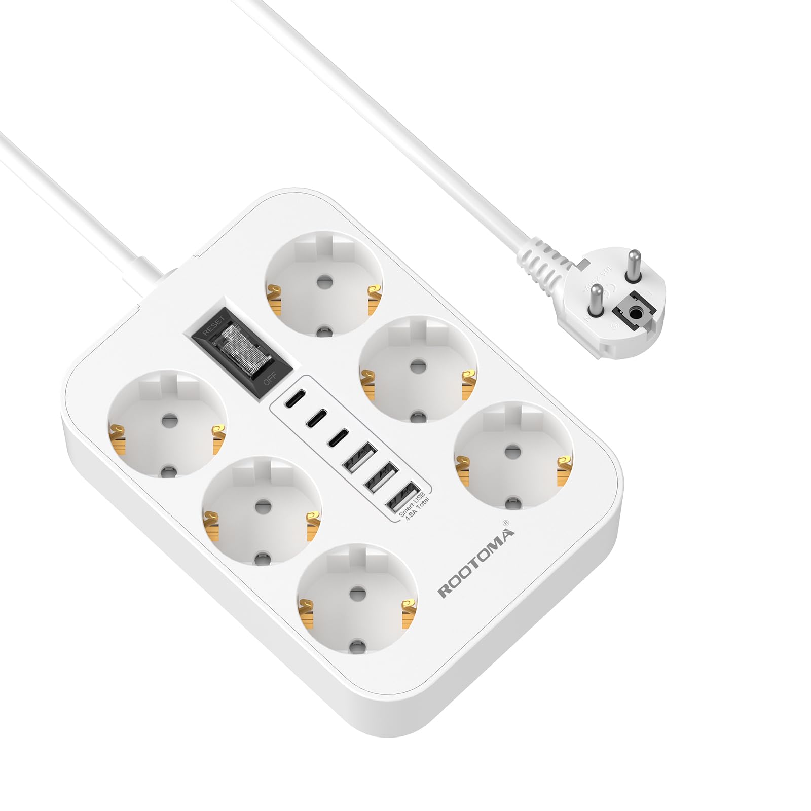 Steckdosenleiste 6-Fach mit USB (3 USB-A 3 USB-C) Mehrfachsteckdose Wandmontage, Steckdose mit Schalter und 2M Verlängerungskabel Überspannungsschutz Steckdose, Weiß