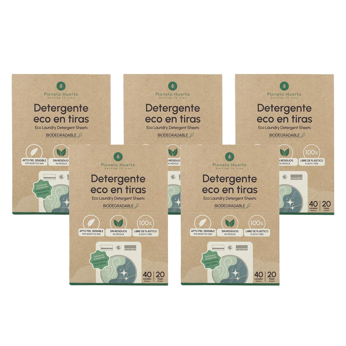 PLANETA HUERTO | Pack 5 Eco-tiras detergente y suavizante Planeta Huerto 40 lavados