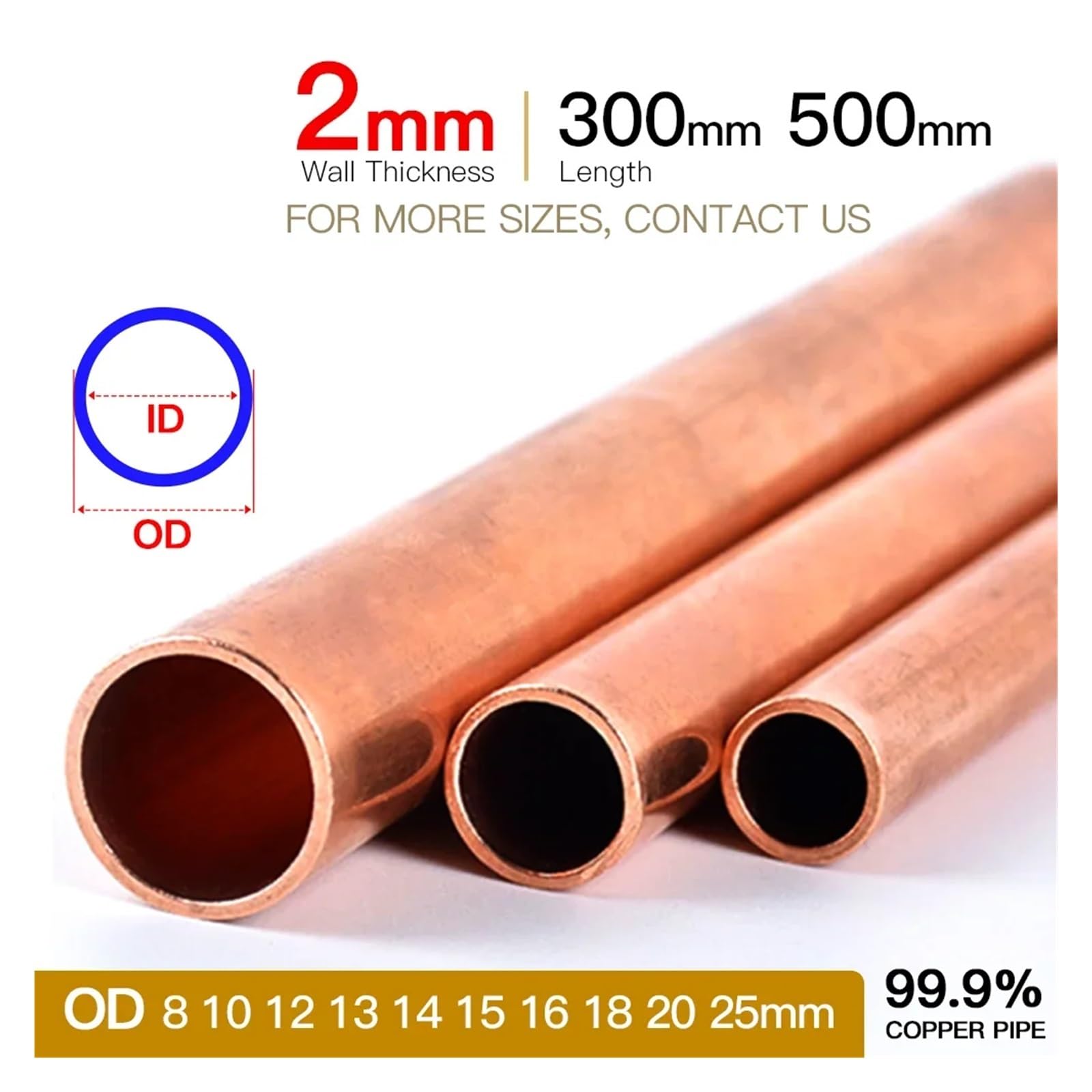 Tubo de cobre de 2 mm de grosor de pared de 825 mm de diámetro exterior, tubo hueco de 500 mm de longitud, tubo redondo recto (500 mm de diámetro exterior 13 x diámetro interior 9 mm) tubo de cobre