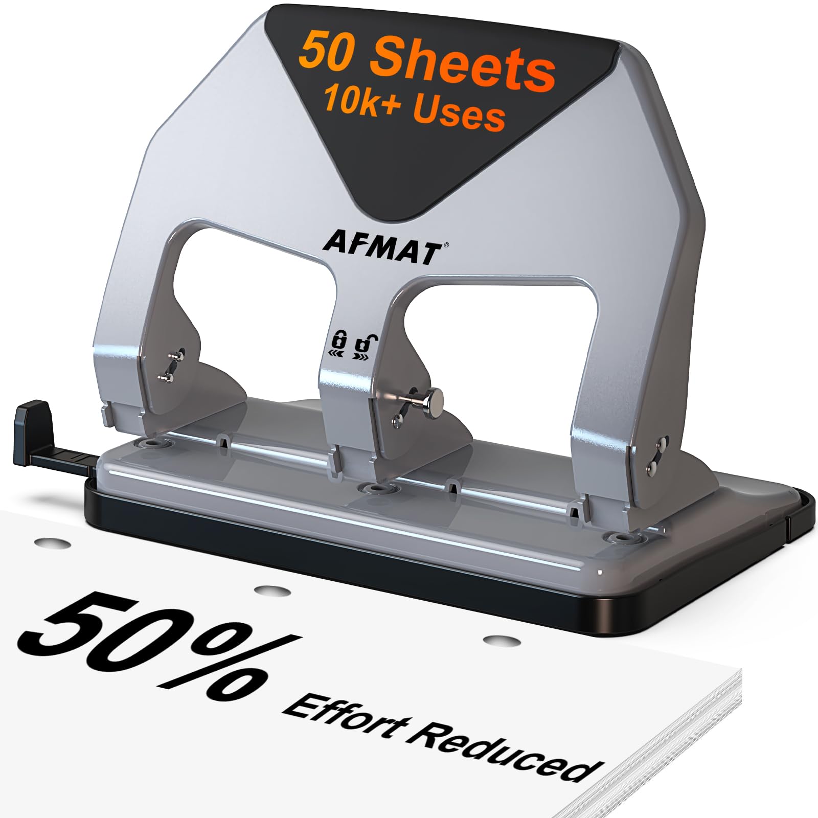 AFMAT HP20 Robuster 3-Lochstanzer, 60 % reduzierter Aufwand, 50 Blatt, 3-Loch-Stanzer für Ordner, über 10.000 Anwendungen, Metall-Dreilochstanzer für Zuhause, Büro, Schule, mit großer Spanablage