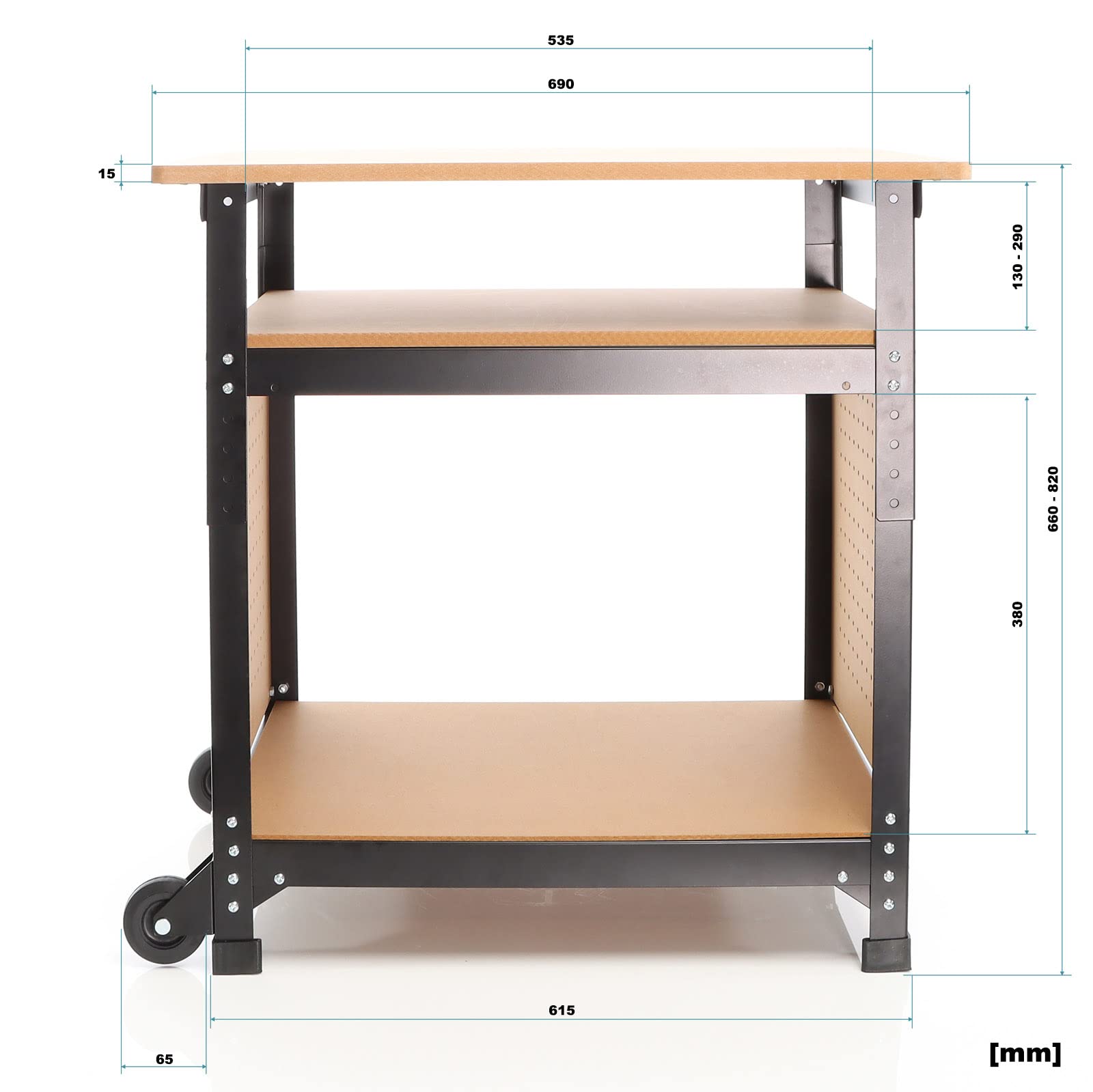 XPOtool Banco de Trabajo 68x50x66-82 cm Ajustable en Altura 2 Ruedas y 2 estantes móvil Bricolaje