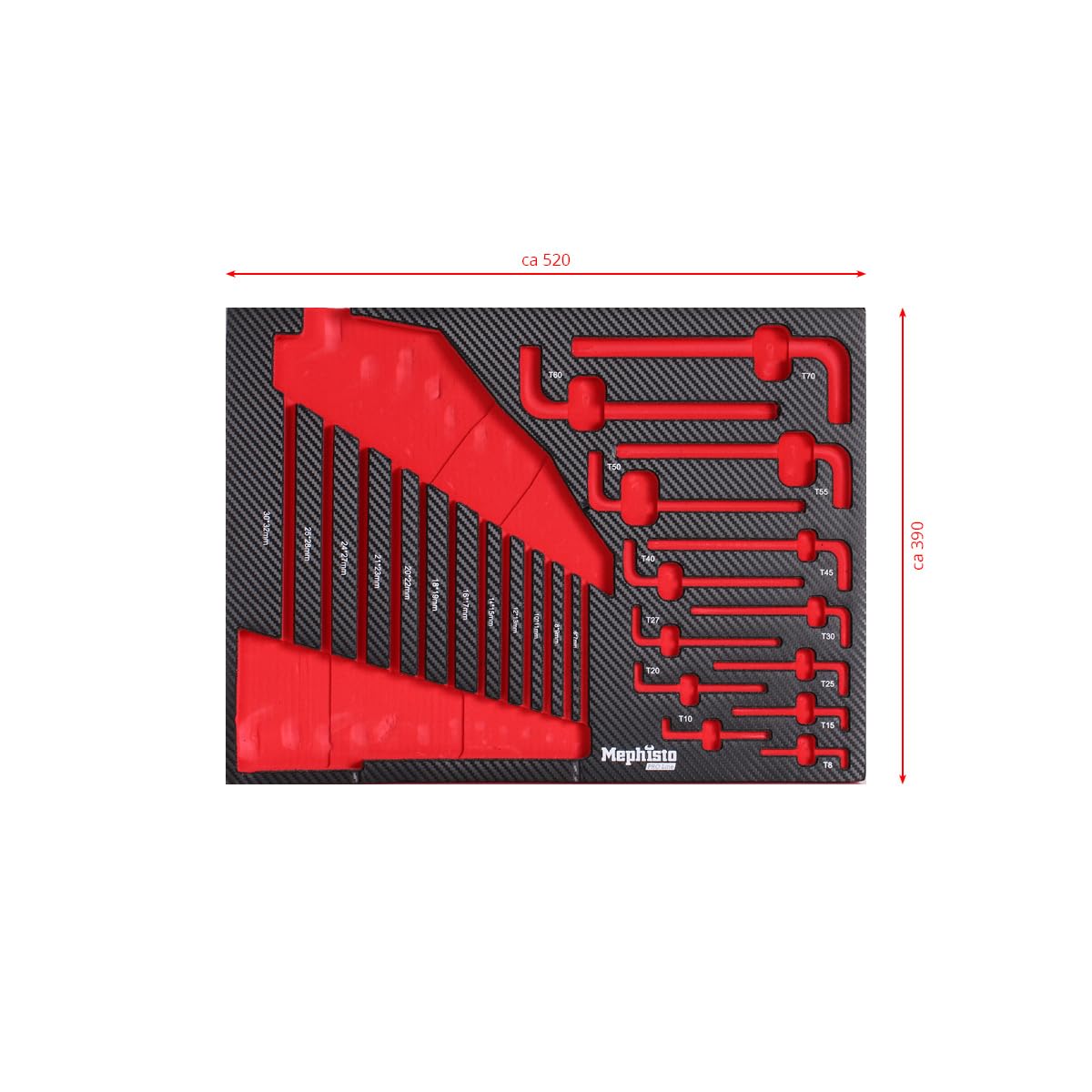 Mephisto Set di attrezzi per carrello da officina Pro Line con chiave a esagono incassato, set di chiavi ad anello, Soft Inlay in effetto carbonio metrico