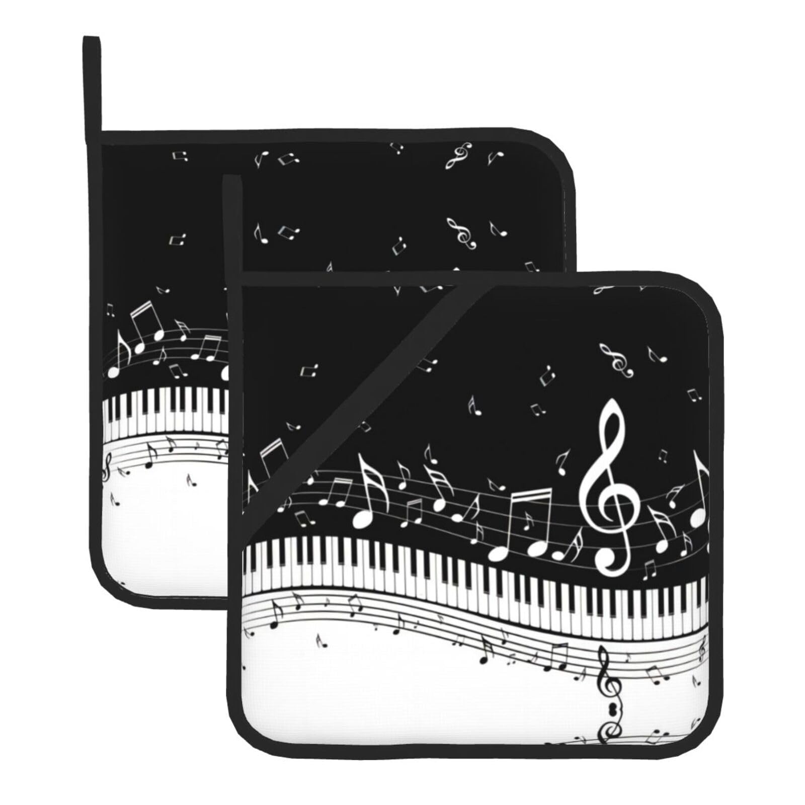 YYHWHJDE Black White Music Note Prints Square Hot Pads for Kitchen Counter - Waterproof Pot Holders with Hanging Loop, Durable Trivets for Microwave Oven - 2 Pack
