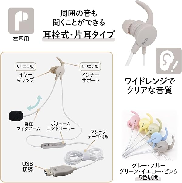 PLUS イヤホン ジブンイロ ケイタイする 小型ヘッドセット 片耳 グレー TW-HS003 428-821 - 3