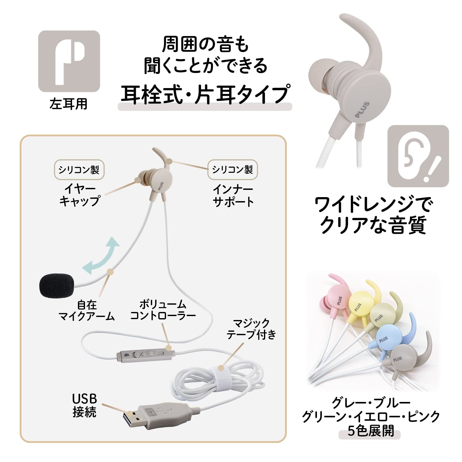 PLUS イヤホン ジブンイロ ケイタイする 小型ヘッドセット 片耳 グレー TW-HS003 428-821 - 4