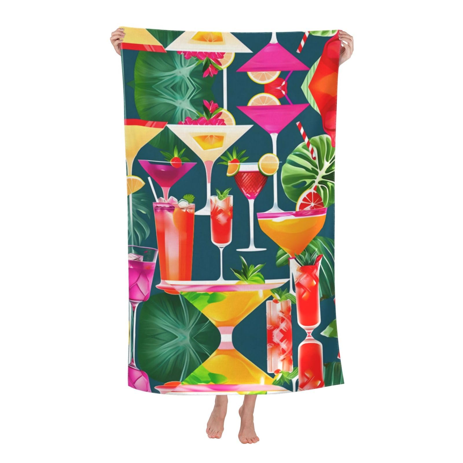 KPXXAQT Tropical Cocktail Print Oversized Adult Beach Towel Quick-Dry Travel Swimming Camping Outdoor Adventures
