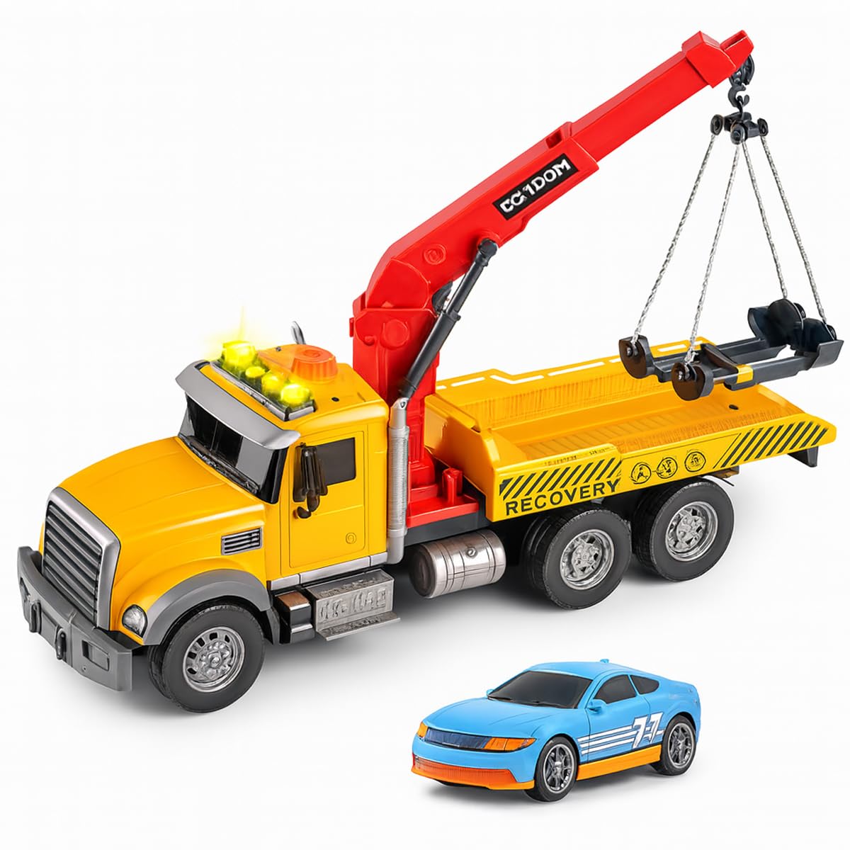 Toyana Kids Tow Truck Toy, Role Play Rescue Vehicle with Realistic Working Crane, Lights Sound Effects & 1 Diecast Car, Transport Truck Imaginative Play Gift Set for Children 3+ Years