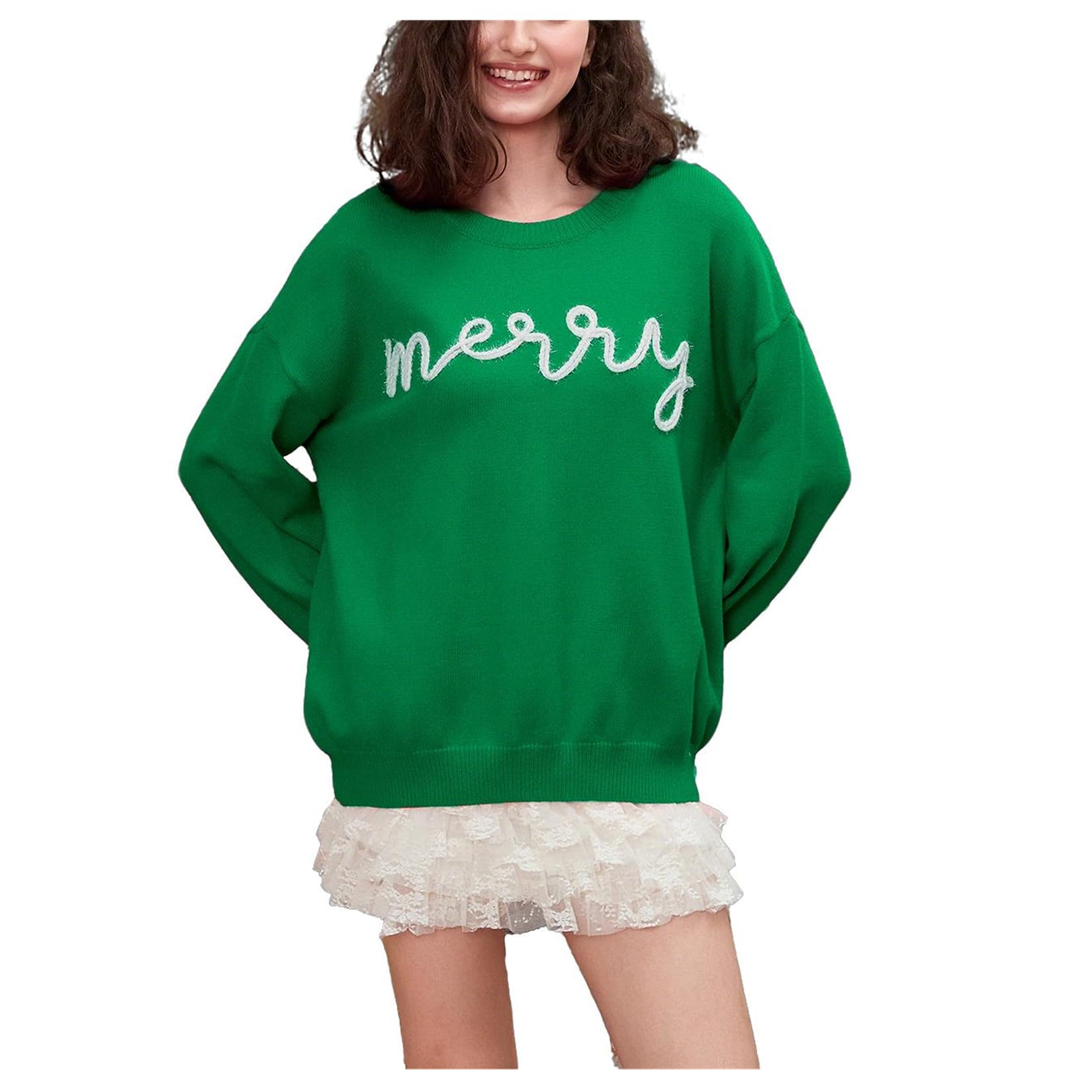 Women Christmas Merry Sweater Cute Letter Print Christmas Knit Pullover Long Sleeve Crew Neck Knitted Holiday Top