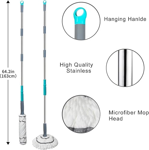 Miniatura 4 de Trapeador giratorio de 64 pulgadas para limpieza de suelos de madera dura, trapeador, mopas para limpieza de suelos con escurridor para cocina,