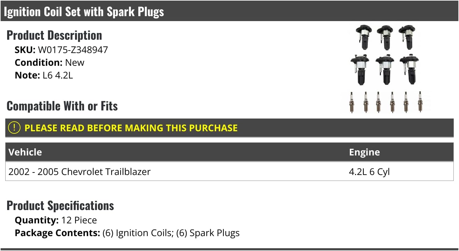Ignition Coil and Spark Plug Kit - 12 Piece - Compatible with 2002-2005 Chevy Trailblazer 4.2L 6-Cylinder