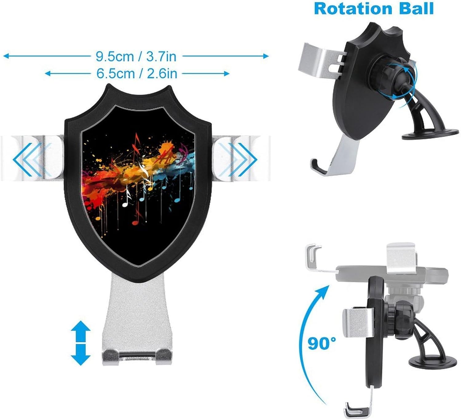 Shockproof Car Phone Holder Suction Cup & Metal Hook Universal Accessories Colorful Musical Notes Cell Phone Car Mount for Dashboard Windshield Air Vent Hands Free Cradle Stand for Smartphones image 2