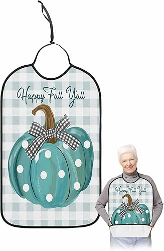 Turquoise Pumpkin Adult Bib for Eating with Crumb Catcher,Washable & Waterproof Terry Cloth Adjustable Elderly Women Men Adult Bibs Funny Apron