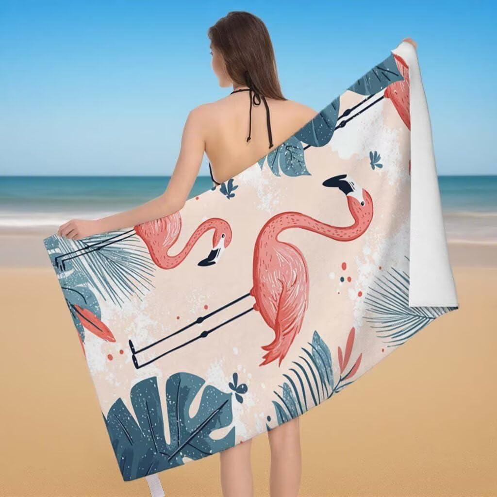 Toalla de Playa Grande 220x100cm/35x70cm, Juego de 2 Toalla Microfibra XXL de Antiarena, Toallas Playa Suave Ligera, Absorbente Secado Rápido, Beach Towel Viaje, Regalo Mujer Hombre (Flamenco) I-82