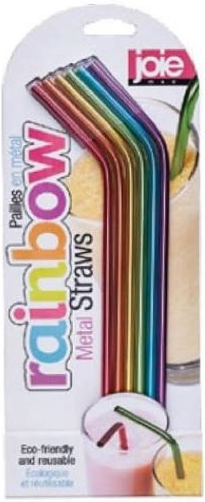 Joie Rainbow Reusable Metal Straws โ Set of 8 Colorful Stainless Steel Straws with Silicone Tips & Cleaning Brush, Eco-Friendly, Multi-Colour