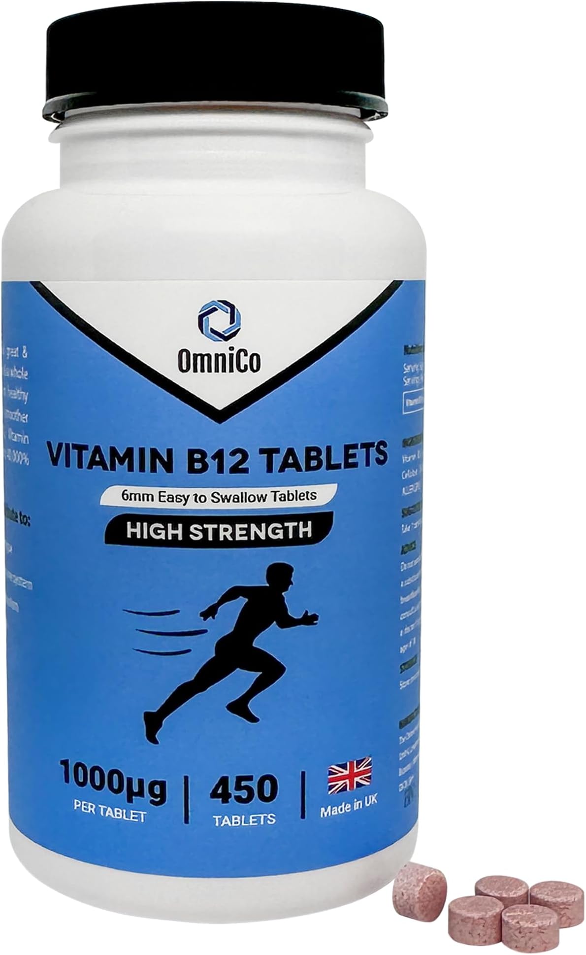 OmniCo Vitamin B12 Tablets – High Strength – 450 Tablets – 1000µg Methylcobalamin B12 Vitamins - Supplements for Immune System, Brain Function, Energy & Sleep – Vegan - Non-GMO, Made in The UK