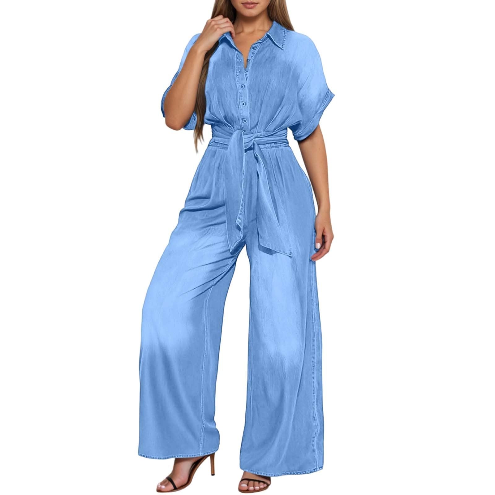 Jeans Jumpsuit Damen Kurzarm Knopfleiste Denim Overall Elegant Jeans Bodysuit Weites Bein Romper Locker Casual Mode Hosenanzug Mit Taschen Sommer Outfit Einteiler Frauen Strampler