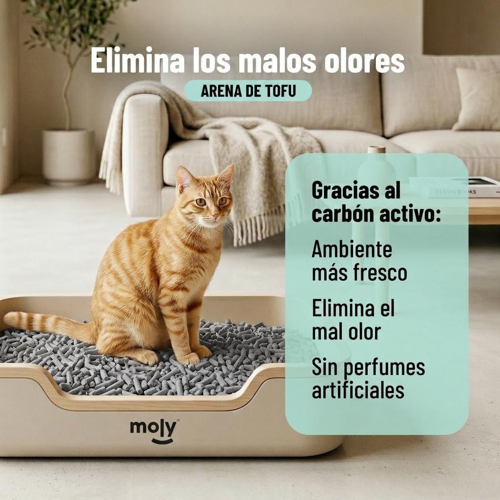MOLY x2 Arena para Gatos Carbón Activo Biodegradable 5,6 KG 7,4 L | Arena Ecológica Vegetal de Bambú y Maíz Aglomerante | Alta Absorción y Bajo Polvo | Lecho Natural Compostable | Control de Olores - 5