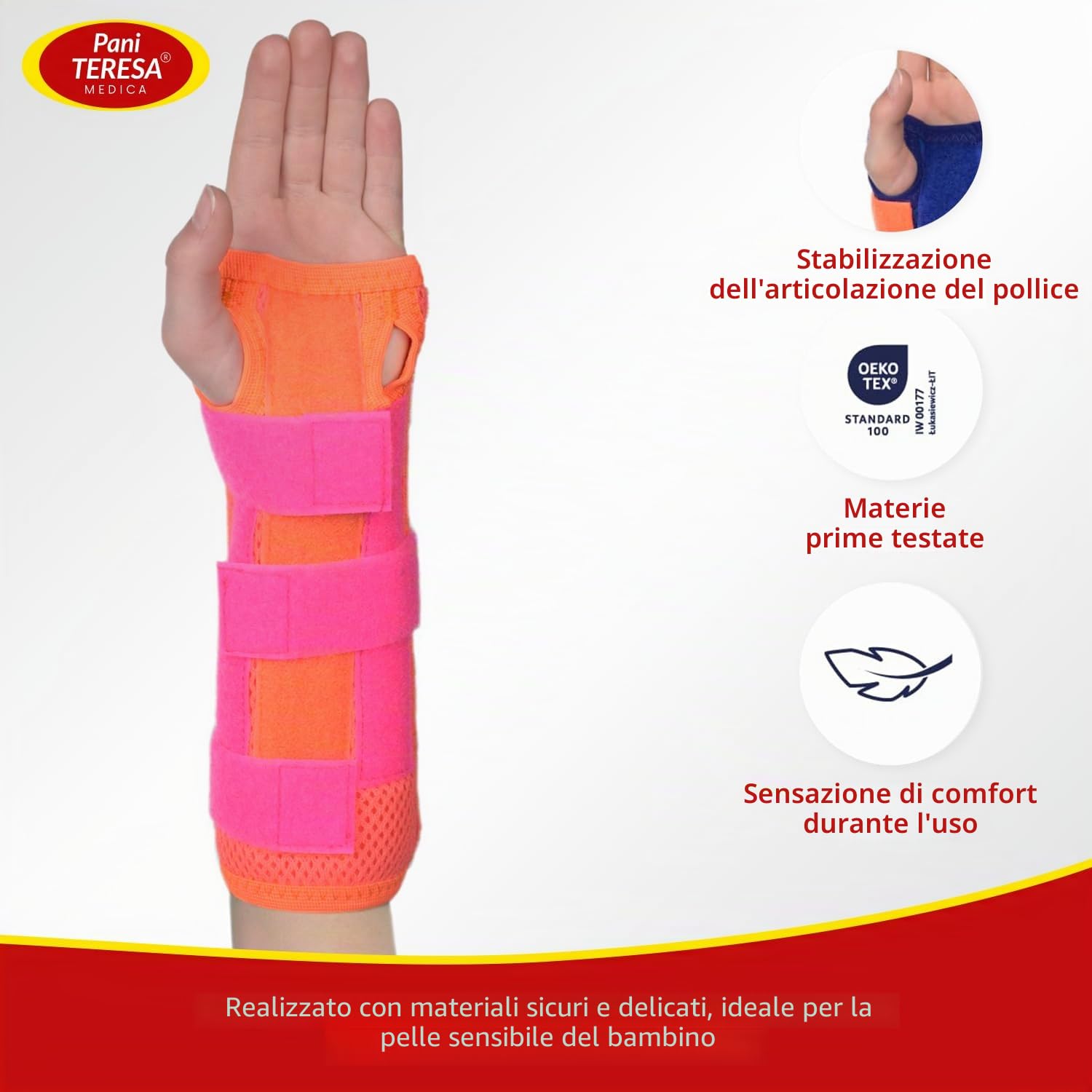 Tutore Polso 2in1 Ortopedico Universale Regolabile Destro Sinistro Bambini e Adolescenti Bendaggio Per Polso Con Pollice 11-14 cm Corallo