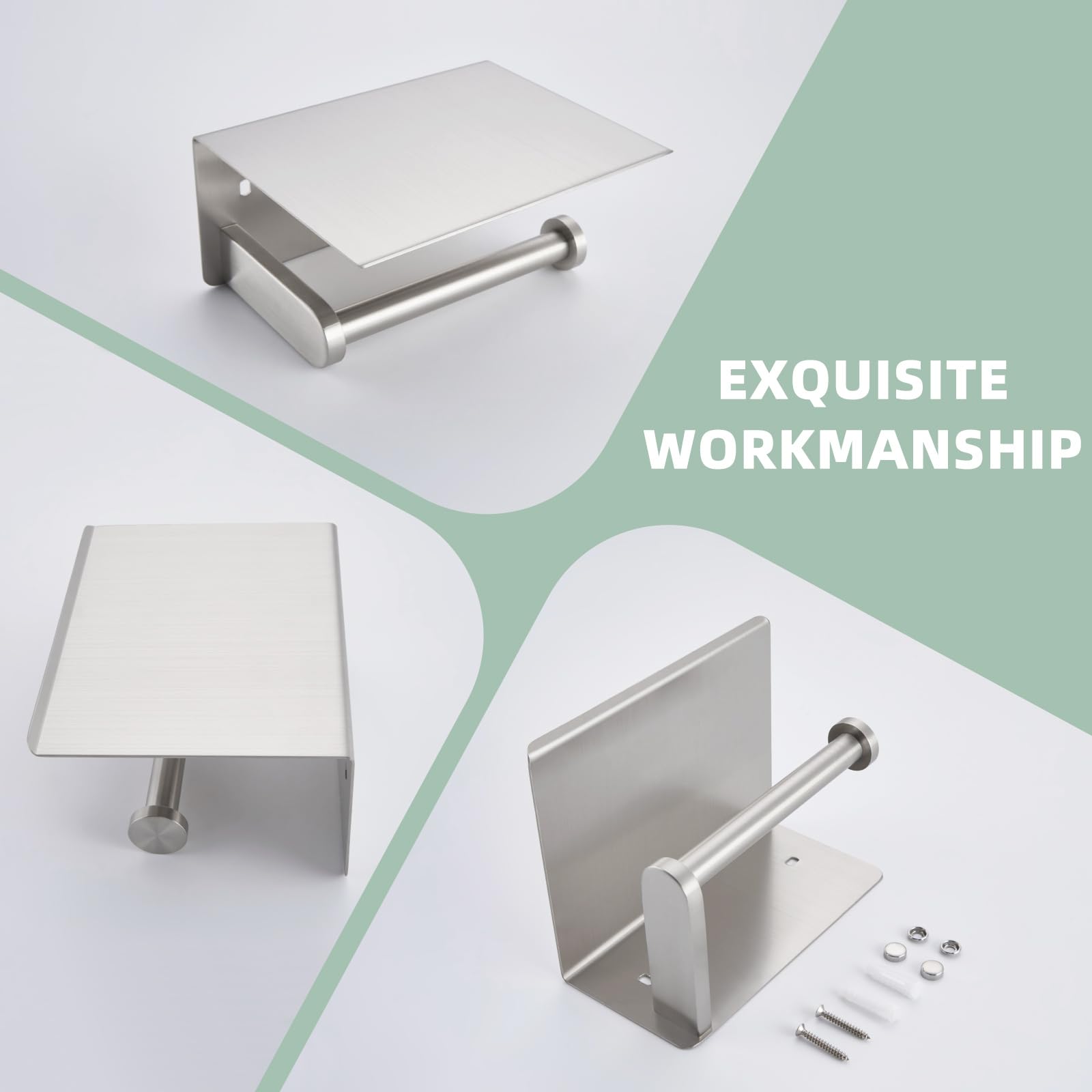 Soporte de papel higiénico de níquel cepillado, soporte de rollo de papel higiénico de acero inoxidable SUS 304 con estante, montado en la pared 9