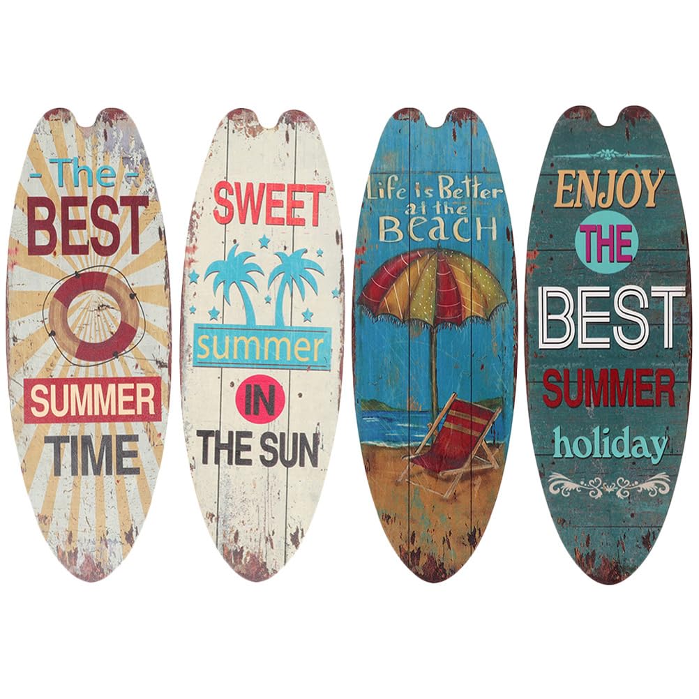 Surfboard Wooden Sign Set of 4, Surfboard Beach Hawaiian Decor for Home, Cafe, Bar, Party, Assorted Colors 17.7 X 6.3 X 0.2 Inches