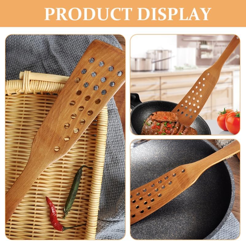 Miniatura 4 de Juego de 2 espátulas Wok de madera, utensilios de cocina de diseño de 24 agujeros para cocinar antiadherentes, girador de madera ecológico para