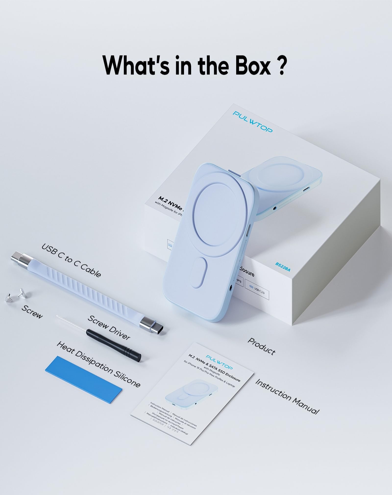 Magnetic M.2 2230 SSD Enclosure for iPhone 15 16 17 Pro/Max ProRes, M.2 2242 2260 2280 NVMe SSD to USB C Enclosure 10Gbps, 60W PD, USB-C/ 3.5mm Audio for MacBook iPad SSD Not Included - Blue