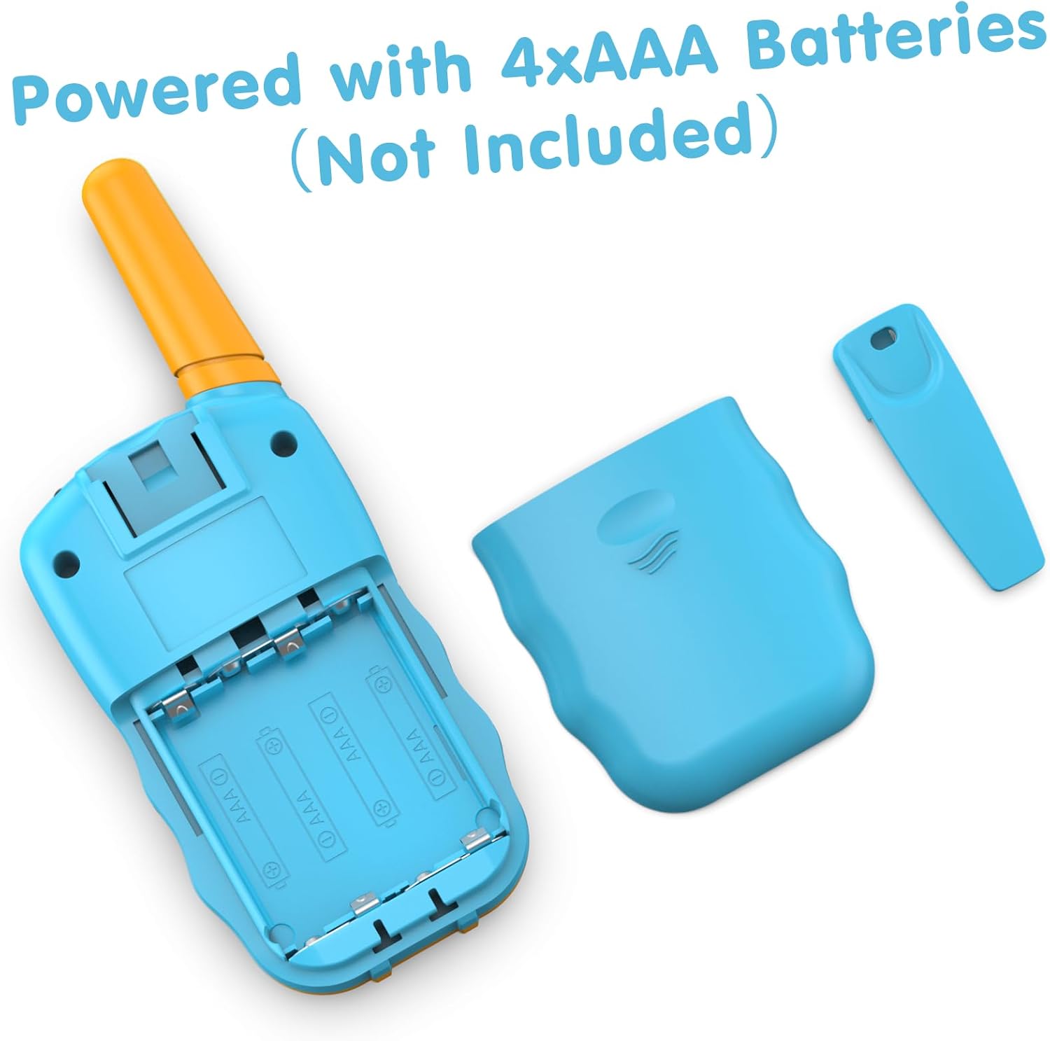 Image showing the open battery compartment of a walkie talkie, indicating where to insert 4 AAA batteries.