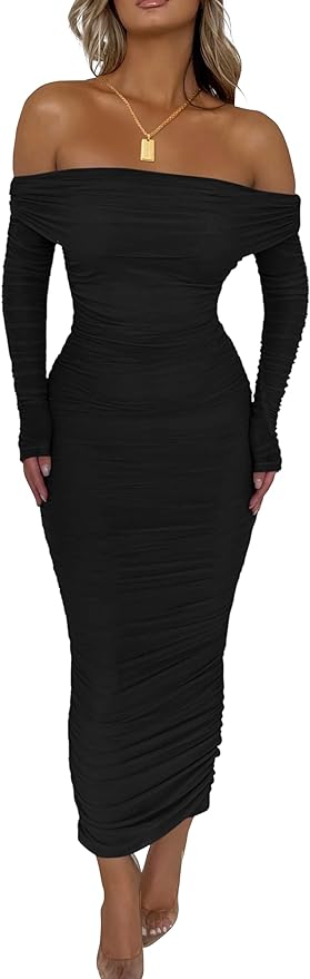 PRETTYGARDEN Women's Fall Off The Shoulder Maxi Dress Spring Long Sleeve Ruched Fitted Bodycon Club Dresses with Slit