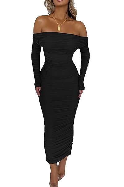 PRETTYGARDEN Women's Fall Off The Shoulder Maxi Dress Spring Long Sleeve Ruched Fitted Bodycon Club Dresses with Slit
