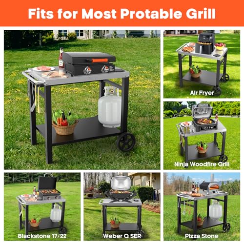 Image of Double-Shelf Stainless Steel Grill Cart, 34 x 21 Outdoor Table | Movable grill cart for Ninja, for Ooni, for Blackstone, and for Weber Q grills, pizza ovens, and food prep.