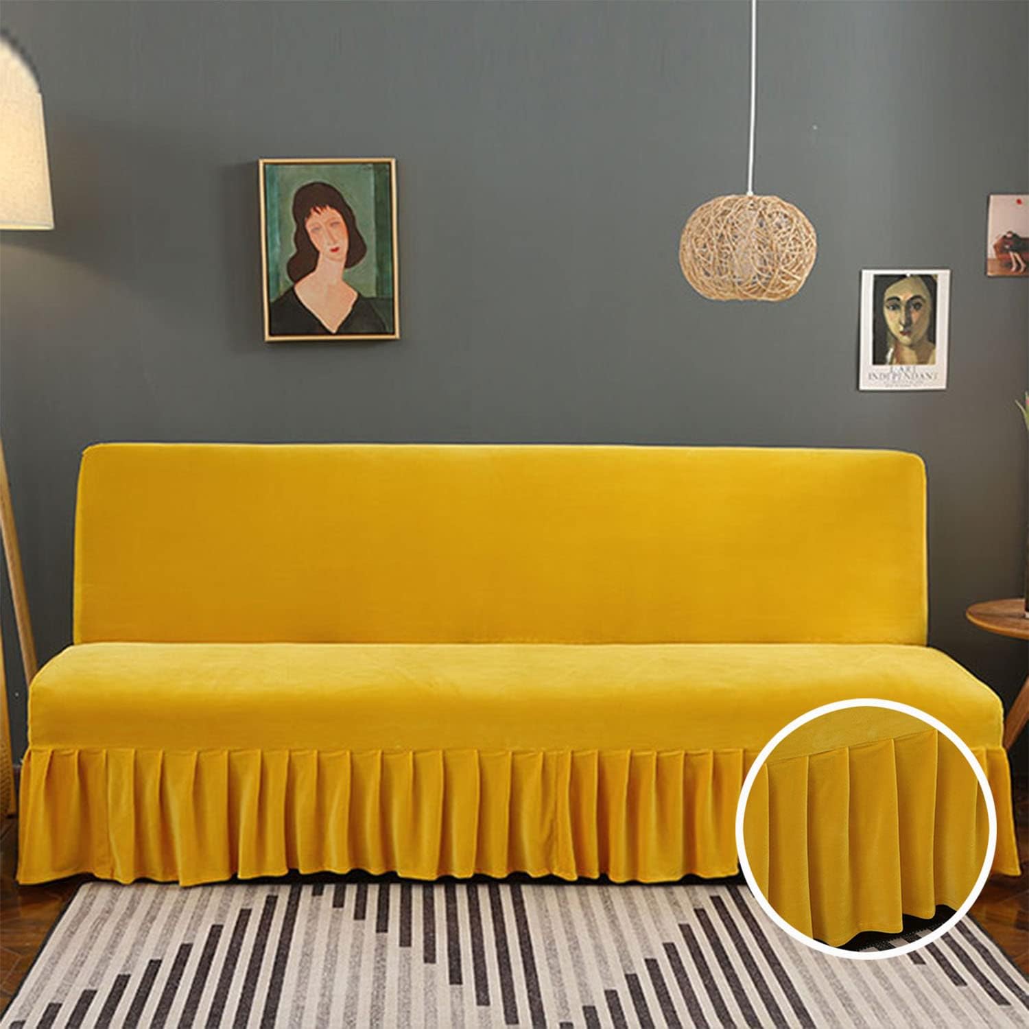 YOPOIY Armless Sofa Bed Cover with Ruffle Skirt, Thick Soft Velvet Fabric Futon Slipcover Furniture Protector with Elastic Bottom for Living Room-Orange-Large (180-200cm)